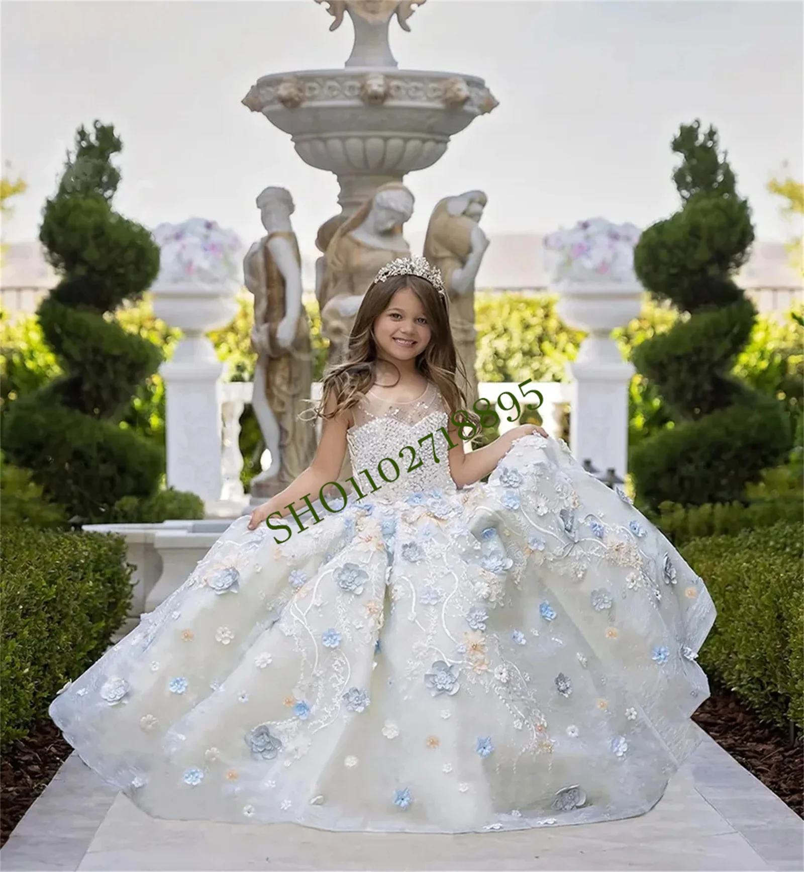 

Luxury Flower Girl Dress Sequins 3d Applique Fluffy Birthday Party Dress Sheer Neck Lace Ball Gown For Wedding First Communion