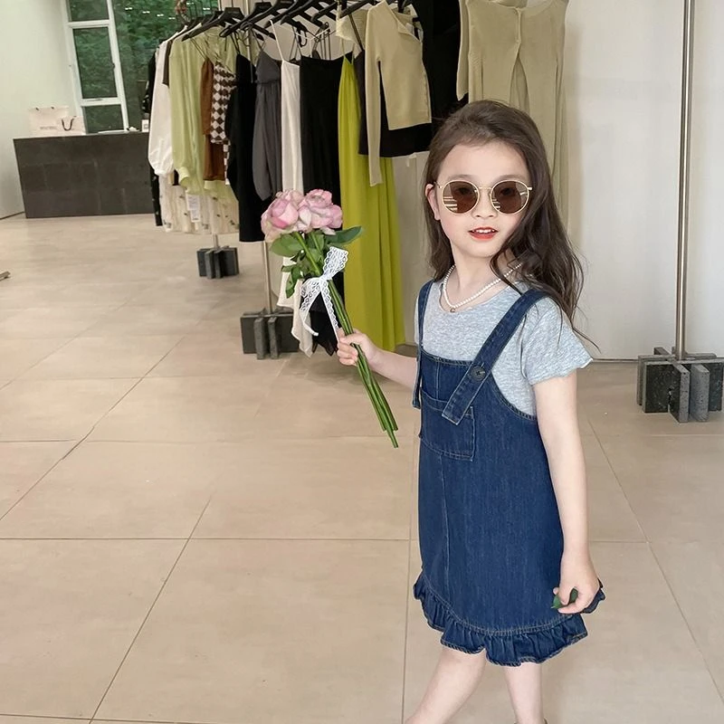 

2023 Summer Korea Style Kids Suspenders Skirt T-shirt Gray Simple Cotton Fashion Short Sleeve Party Trip Casual for Girls