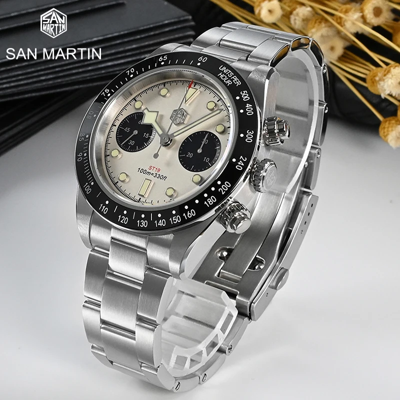 

San Martin New Men Chronograph Watch Panda Dial Retro Seagull ST1901 Manual Mechanical Watch Sapphire Crystal Luxury C3 Luminous