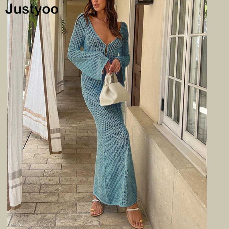 Sexy V-neck Hollowed Out Long Sleeved Knit Vestidos Women Elegant Women Streetwear Suspender Dress 2023 Female Beach Robe
Sexy V-neck Hollowed Out Long Sleeved Knit Vestidos Women Elegant Women Streetwear Suspender Dress 2023 Female Beach Robe