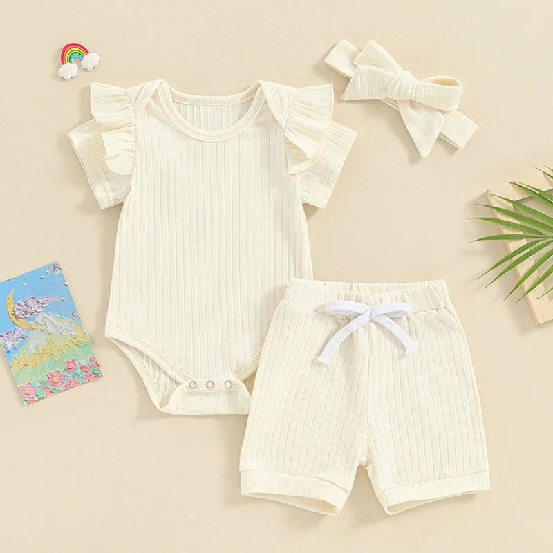 

Комплект летней одежды для новорожденных девочек, комбинезон с короткими рукавами и оборками в рубчик, шорты, повязка на голову, комплект одежды из 3 предметов