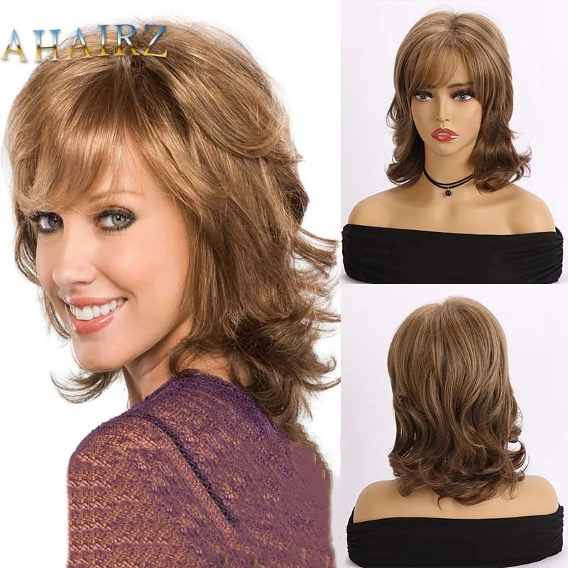 

Synthetic Short Pixie Cut Brown Mixed Blonde Wigs Nature Wavy Layered Wig With Bangs For Women Daily Party Fluffy Fake Hair