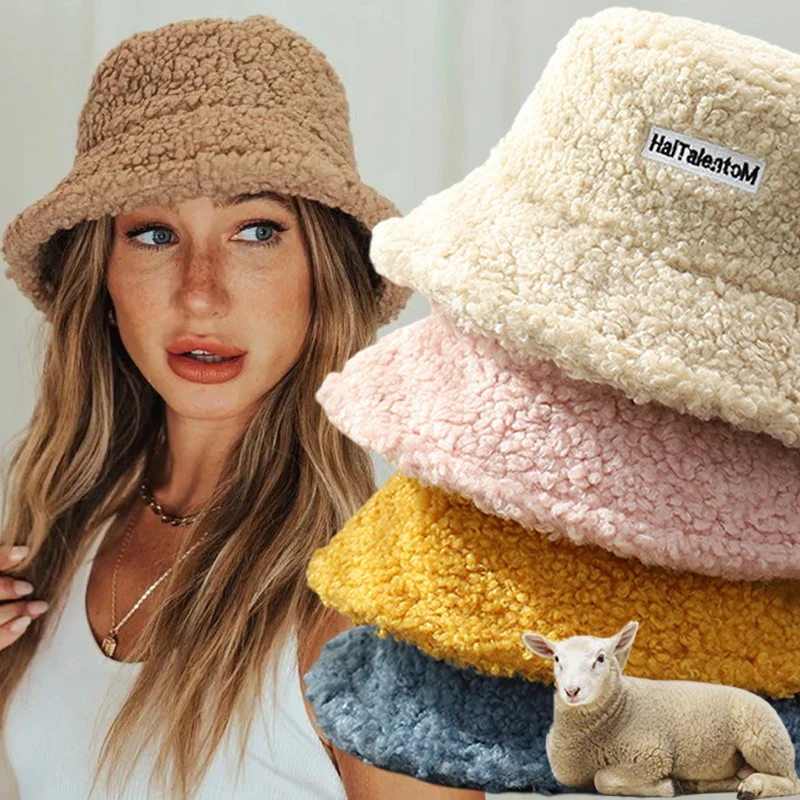 

Winter Warm Bucket Hats Lamb Wool Faux Fur Fisherman Hat Women Thicken Plush Panama Caps Outdoor Keep Warm Fishing Caps Unisex