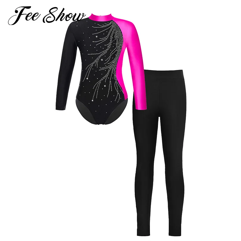 

Teenager Kids Girls Ballet Dance Costumes Gymnastics Skating Dance Outfits Long Sleeve Shiny Rhinestones Leotard with Leggings