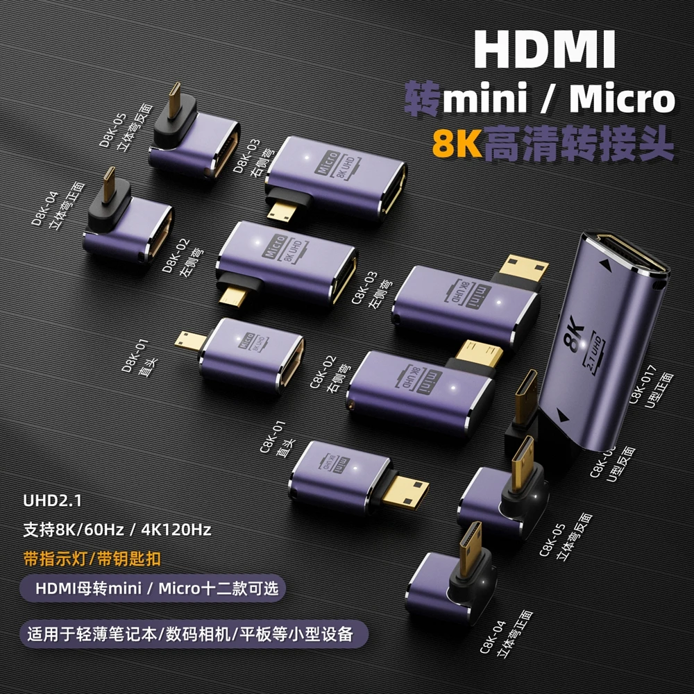 

8K HDMI female to Mini male connector 90 degree elbow 8K extended converter interface Mini high-definition DSLR camera