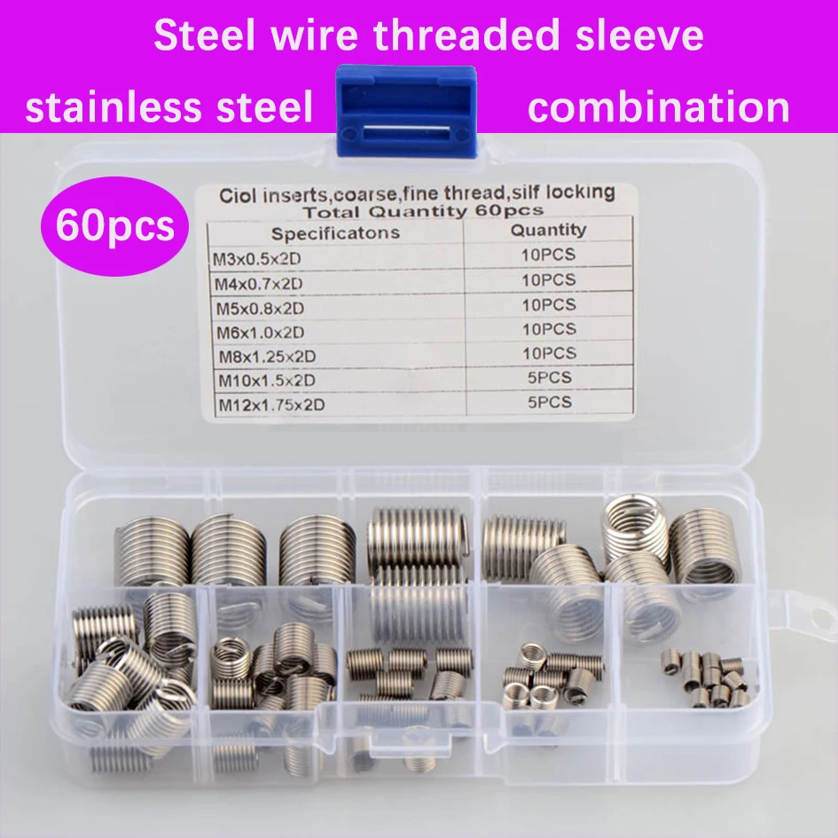 Stainless Steel Threaded Insert Wire Screw Sleeve Thread Repair Insert Kit Coiled Wire helical screw thread Fasteners 60 Pcs/set
Stainless Steel Threaded Insert Wire Screw Sleeve Thread Repair Insert Kit Coiled Wire helical screw thread Fasteners 60 Pcs/set