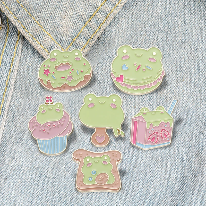 

Frog Dessert Enamel Pins Custom Donut Juice Toast Hamburger Ice Cream Brooches Lapel Badges Animal Jewelry Gift for Kids Friends