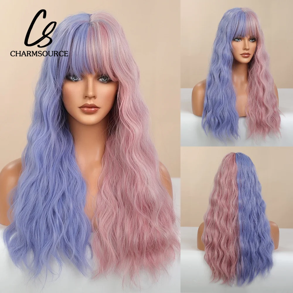 

Purple Pink Long Wavy Synthetic Wig with Bangs Cosplay Christmas Halloween Hair Two Tone Ombre Wig For Women Heat Resistant