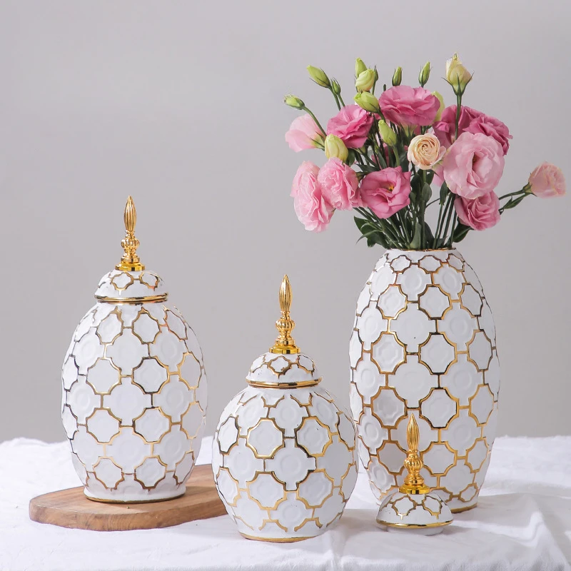 

Ceramic Storage Tank Golden Vase Flower Vase Ginger Jar Porcelain Craftwork Floral Arrangement Accessories Home Decoration