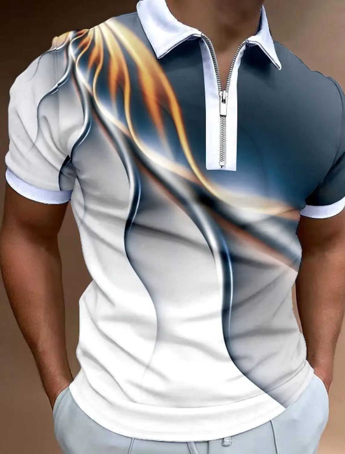 

Gradient Printed Men's Turndown Golf Shirt Polo Casual Trend Zip Short Sleeve Fashion Zipper Summer Regular Polo Shirts