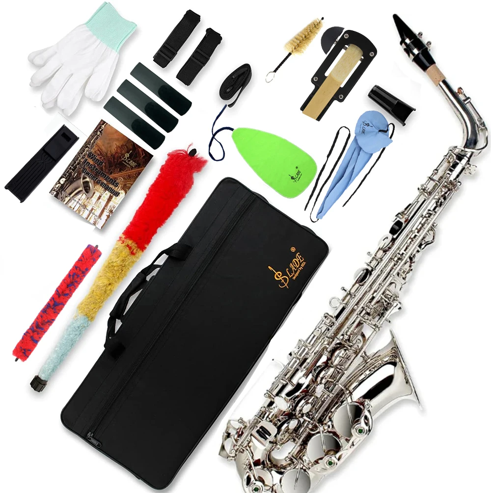 

SLADE Silver Saxophone Brass Eb Alto Saxophone with Cleanning Cloth Reed Clip Strap Glove Trimmer Parts for Beginners Adults