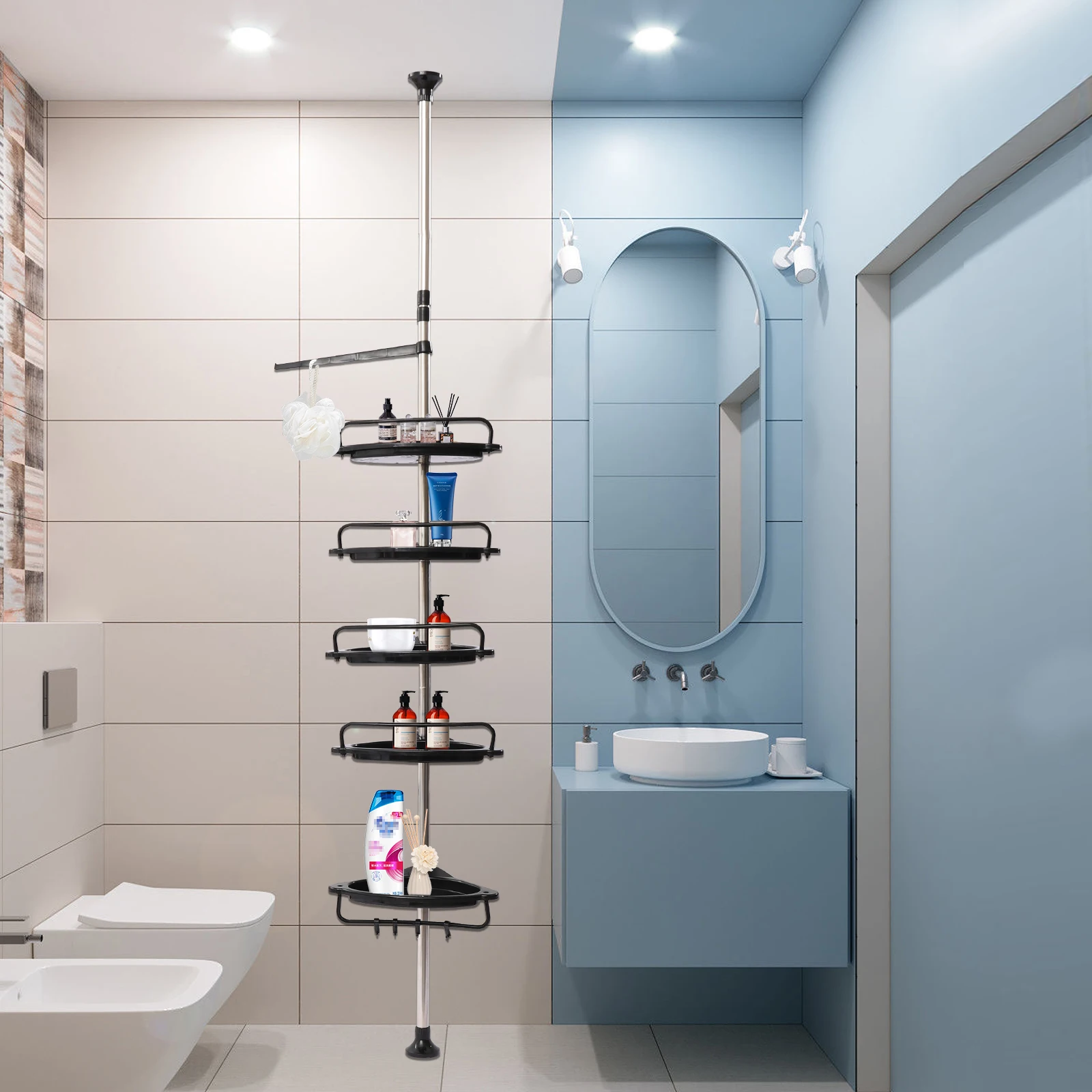 

5-Tier Rustproof Shower Shelves Shower Rack with Tension Pole for Bathroom Bathtub Storage Organizer Shampoo Accessories
