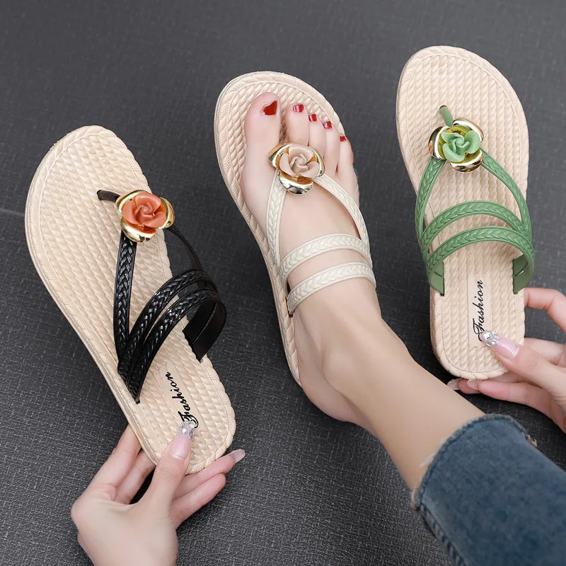 

Women's Slippers 2024 Summer Flower Decor Flat Slides Sandals Open Toe Braided Detail Casual Slides Comfort Beach Slippers