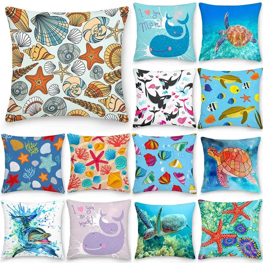 

Summer Marine Style Cushion Cover Coral Shell Turtle Pillowcase Ocean Pattern Blue Pillow Cover Home Decor Living Room F1829
