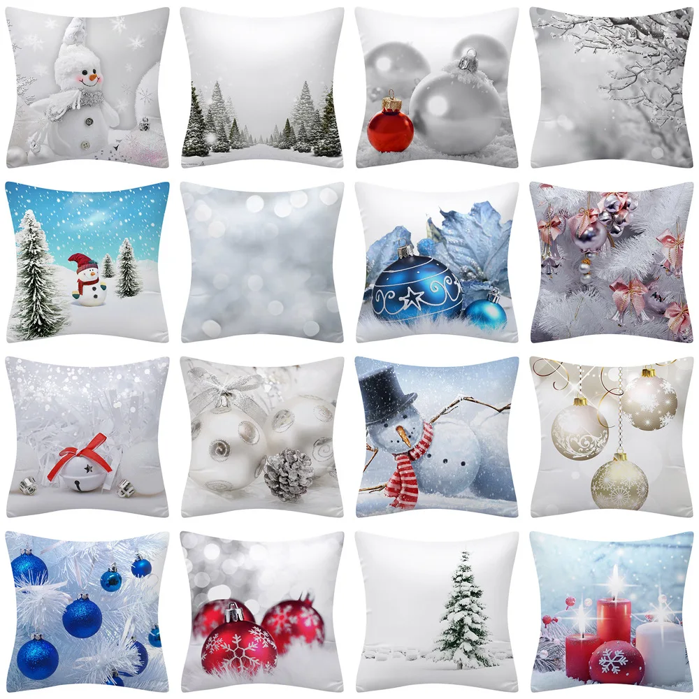 

Snow Christmas Pillowcase Blue and White Printed Cushion Cover Snowflake Tree Throw