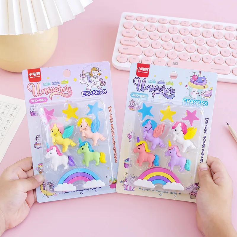 

10 box/lot Creative Rainbow Unicorn Pencil Eraser Set Cute Writing Drawing Rubber Erasers Stationery Gifts School Supplies