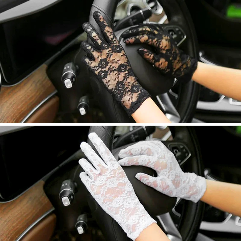 

Short Lace Sunscreen Gloves For Women Flower Embroidery Uv Protection Mittens Breathable Driving Riding Split Finger Gloves