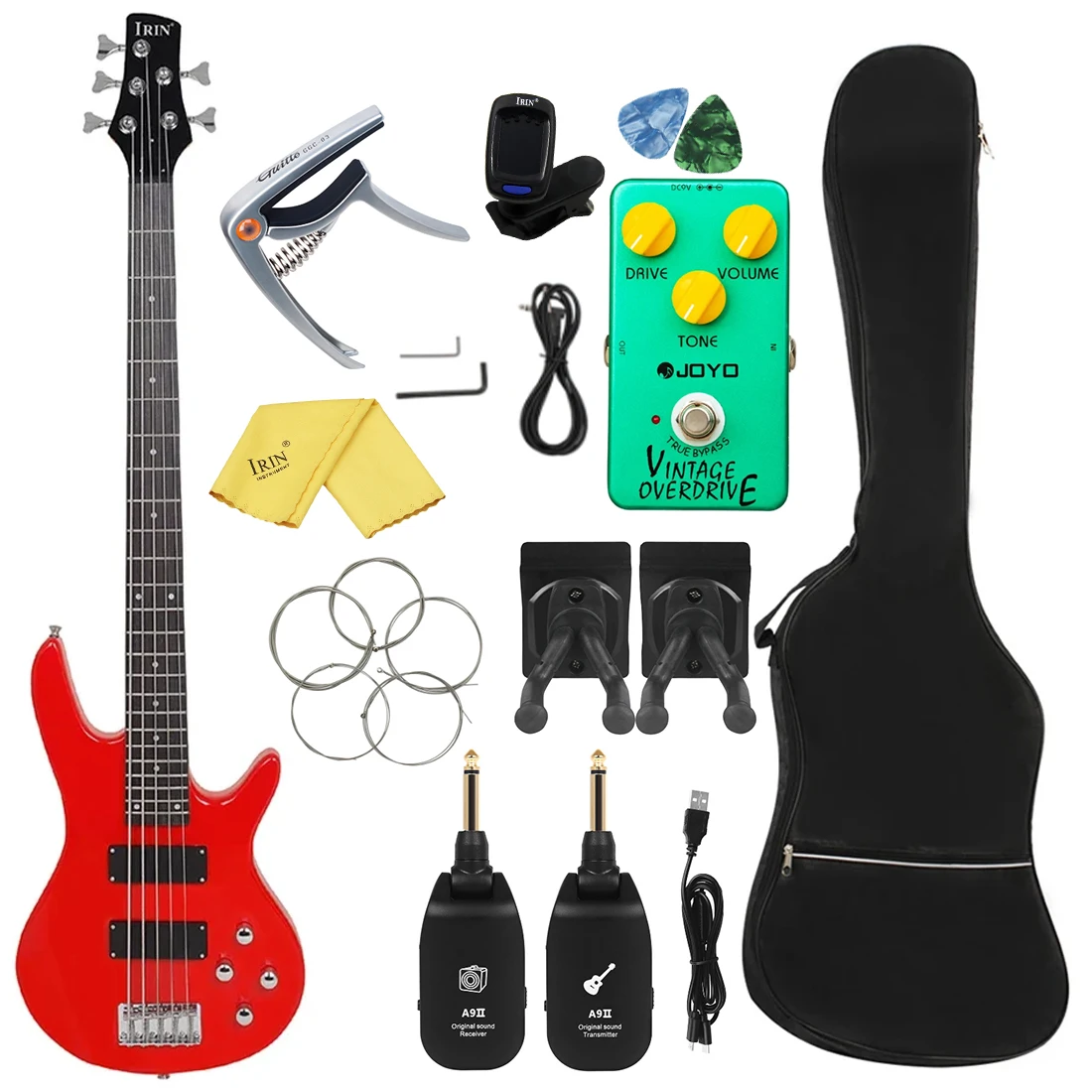 

IRIN 5 Strings Electric Bass Red 24 Frets Maple Body Neck Bass Guitar Stringed Instrument Guitarra with Tuner Strings Capo Parts