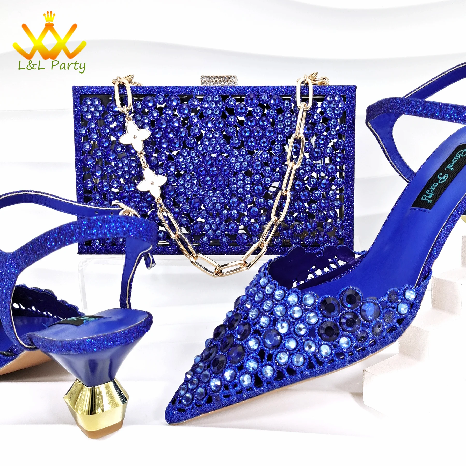 

2024 Elegant Italian New Coming High Quality Italian Women Shoes and Bag Set in Royal Blue Color with Crystal for Party