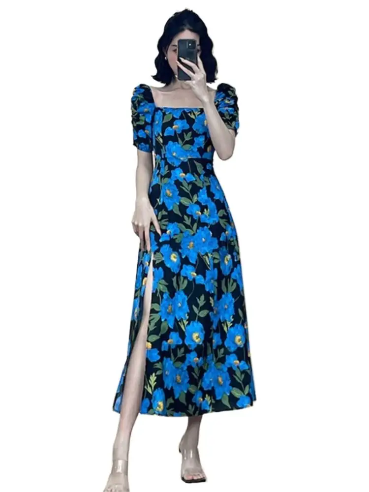 Summer Women's Clothing Pure Cotton Blue Print Dress Square Neck Bubble Sleeve Dress 2023 New A-line High Waist Split Hem Dress
Summer Women's Clothing Pure Cotton Blue Print Dress Square Neck Bubble Sleeve Dress 2023 New A-line High Waist Split Hem Dress