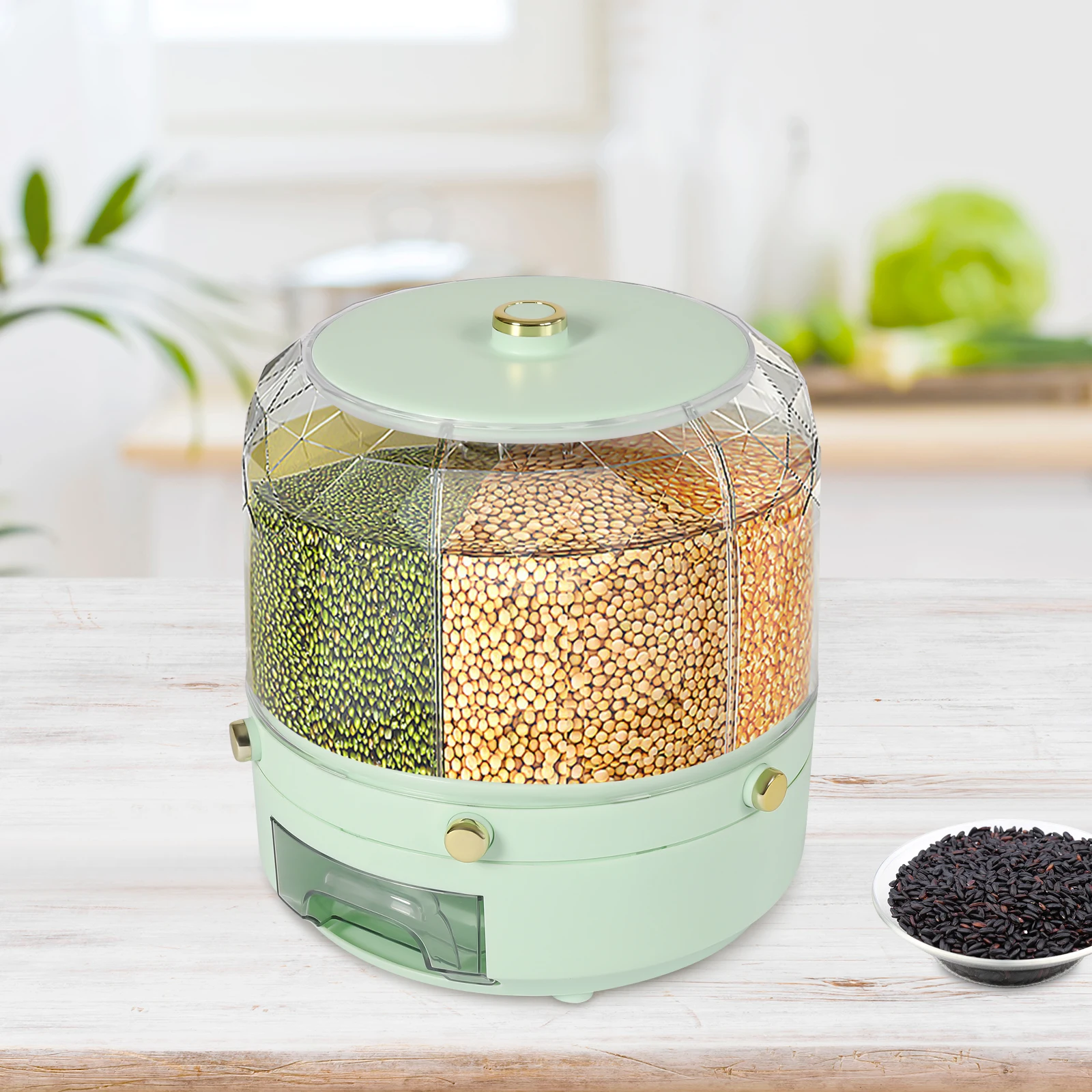 6-Grid Rotatable Grain Dispenser Dry Food Tank Sealed Cereal Separate Bucket Rice Round Storage Container Kitchen Storage Boxes
6-Grid Rotatable Grain Dispenser Dry Food Tank Sealed Cereal Separate Bucket Rice Round Storage Container Kitchen Storage Boxes