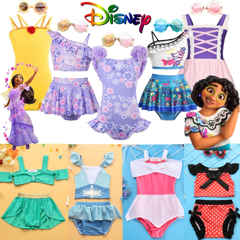 

Summer Swimsuit For Girls Encanto Mermaid Mickey Mouse Princess Style Beach Bikini Swimming Children Swimwear+Eyeglasses Disney