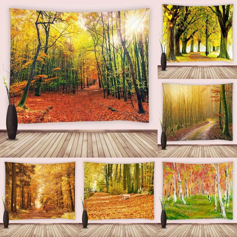 

Fall Forest Tapestry Autumn Maple Leaves Wall Hanging Tree Natural Scenery Rustic Woodland Tapestries Living Room Bedroom Decor