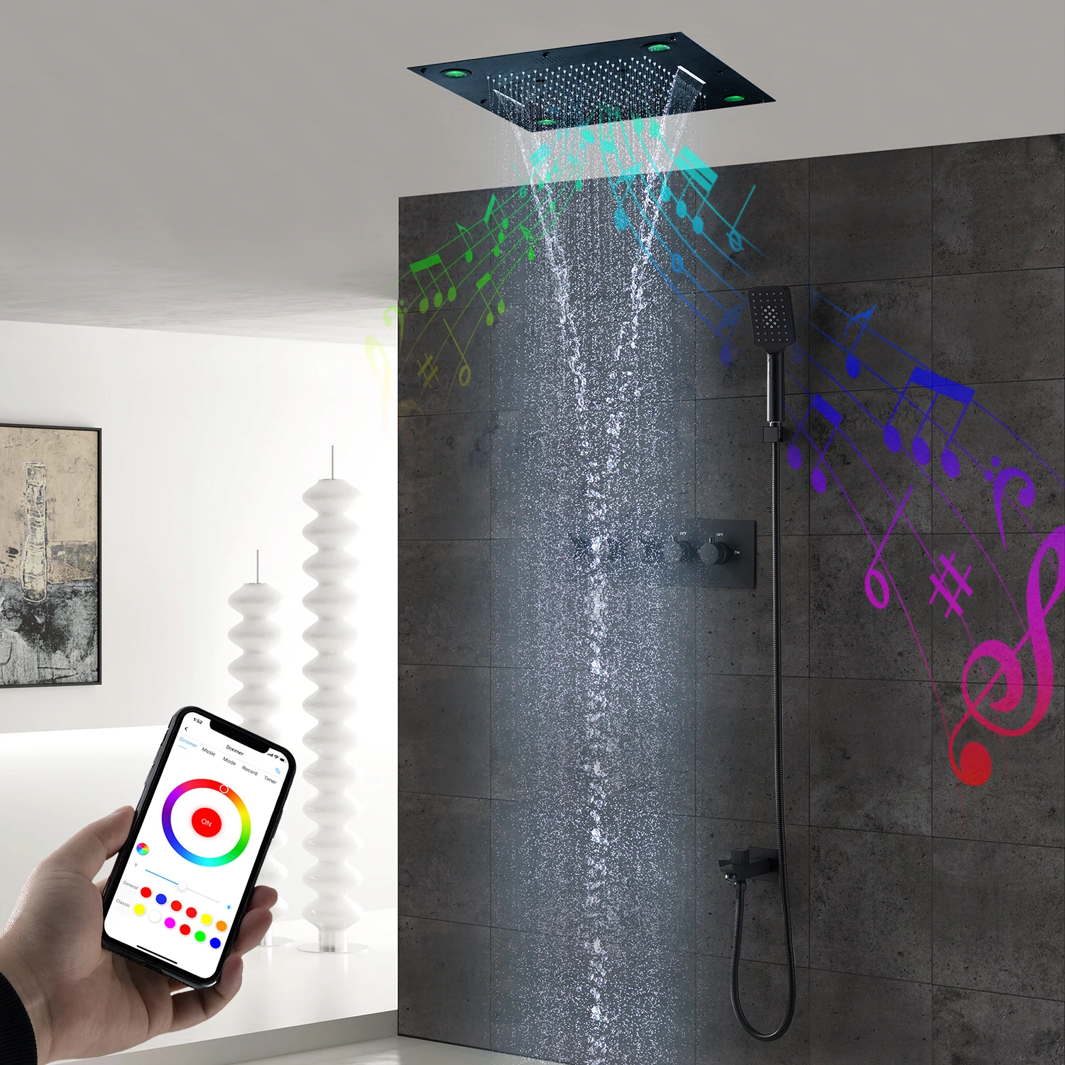 

hm Bluetooth Music Shower Set 24Inches Ceiling LED Showerhead Panel Rainfall Waterfall Black Faucets System Thermostatic Mixer