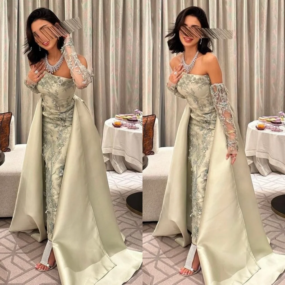 

Prom Dress Saudi Arabia Prom Dress Elegant Strapless Sheath Sweep Gown Applique Hugging Skirts Satin Customized
