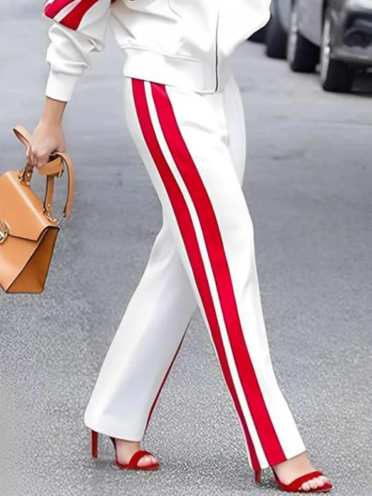 

Lemongor Female Fashion Casual Contrast Color Striped Printed Straight Leg Pants & Long Sleeves Zipper Stand Collar Jackets