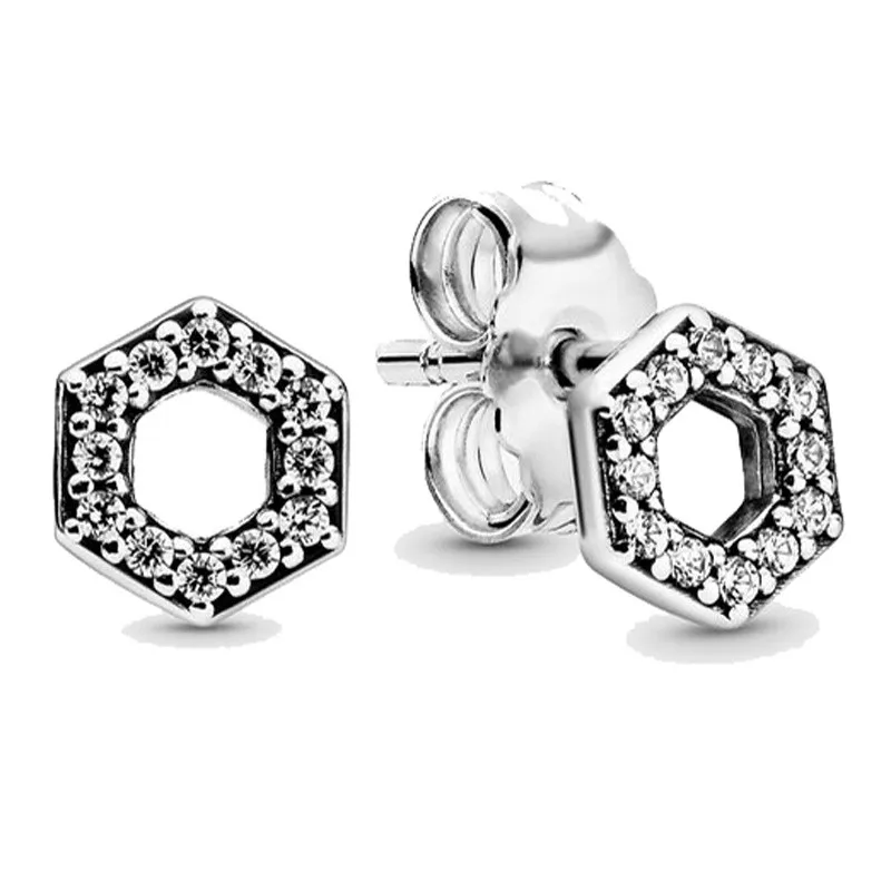 

Original Sparkling Honeycomb Hexagon With Crystal Stud Earrings For Women 925 Sterling Silver Wedding Gift Fashion Jewelry