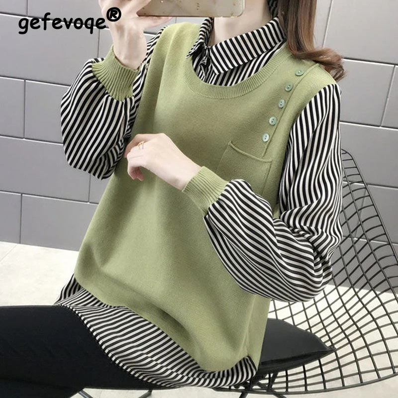 Spring Autumn Women Korean Fashion Striped Print Fake Two Piece Shirts Casual Patchwork Knitted Sweater Long Sleeve Loose Tops
Spring Autumn Women Korean Fashion Striped Print Fake Two Piece Shirts Casual Patchwork Knitted Sweater Long Sleeve Loose Tops
