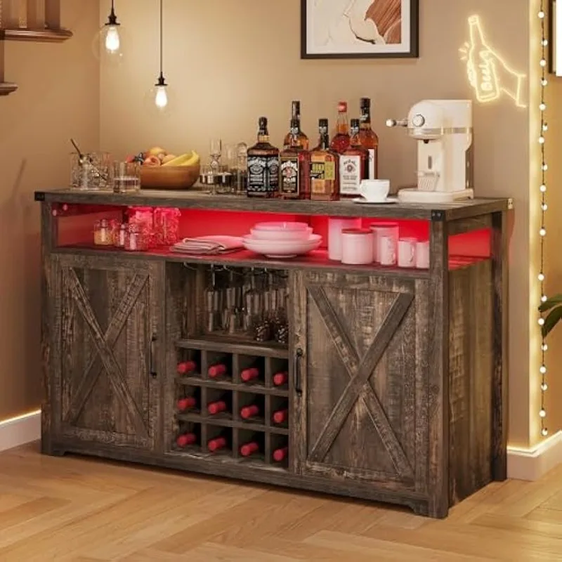 Bar Cabinet with LED Lights, 55" Farmhouse Buffet Coffee Bar Cabinet with Storage, Wine Liquor Cabinet with Adjustable Shelves
Bar Cabinet with LED Lights, 55" Farmhouse Buffet Coffee Bar Cabinet with Storage, Wine Liquor Cabinet with Adjustable Shelves