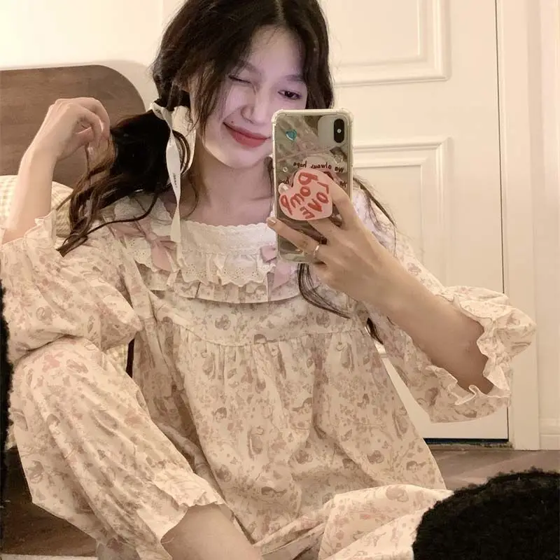 Lace Sleepwear Women Pajama Sets Print Piiama Spring Sets for Women 2 Pieces Korean Long Sleeve Night Wears Sleep Home Suit New
Lace Sleepwear Women Pajama Sets Print Piiama Spring Sets for Women 2 Pieces Korean Long Sleeve Night Wears Sleep Home Suit New