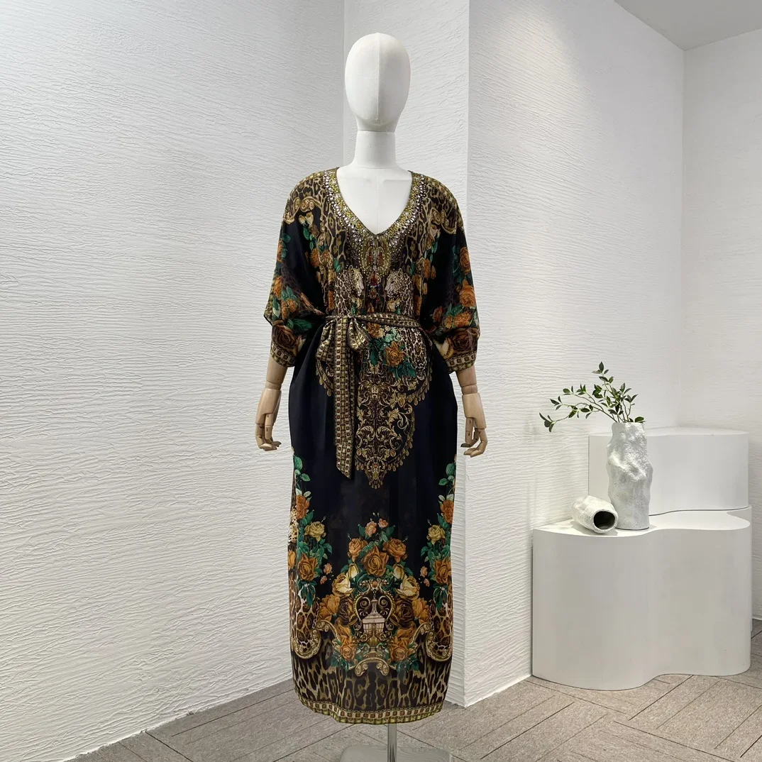 New Spring Summer Black Rose Tiger Leopard Print 3/4 Sleeve Diamonds Pressed V Neck Loose Midi Dress
New Spring Summer Black Rose Tiger Leopard Print 3/4 Sleeve Diamonds Pressed V Neck Loose Midi Dress