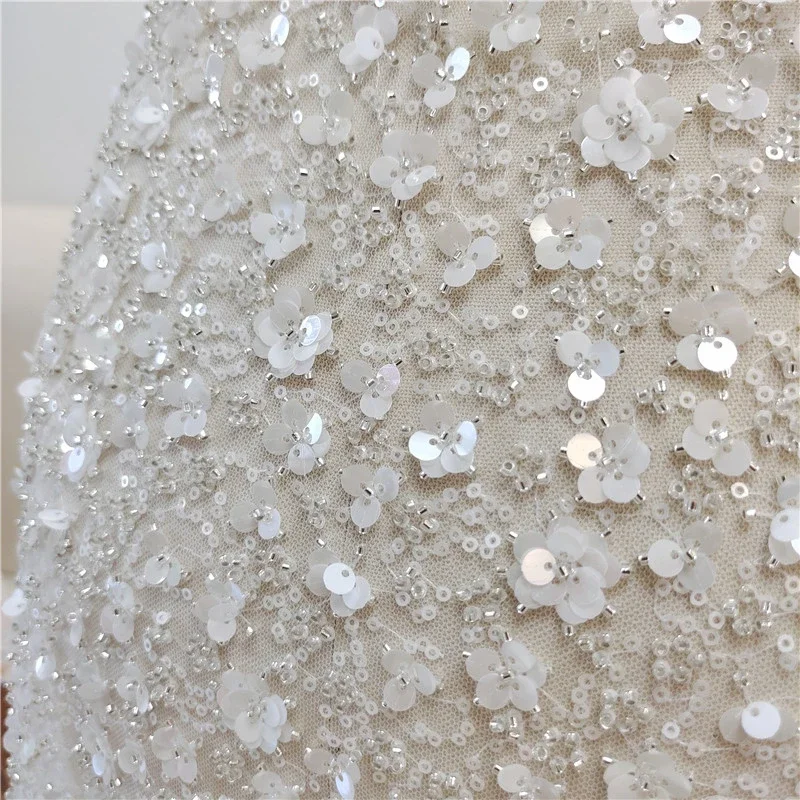 

Off White Silvery Beading Lace 1 Yard Allover Sequined Flowers 2D Appliqued Embroidery Lace Fabric for Dress