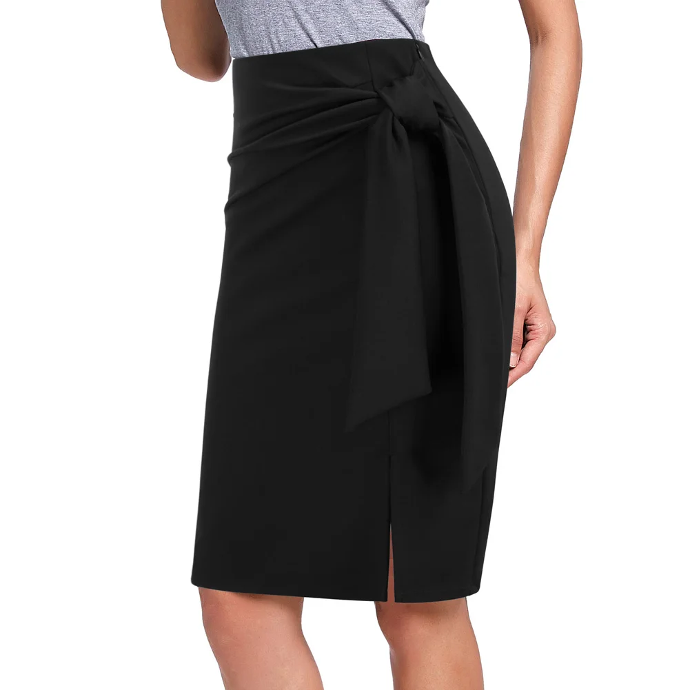 

KK Woman Pencil Skirt Bow-Knot Decorated Side Slit Hips-Wrapped Bodycon Skirt OL Style Office Lady Slim Basic Tube Skirt