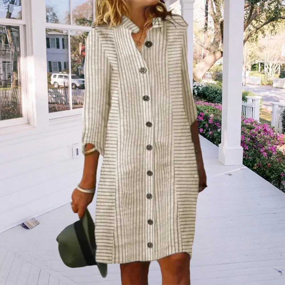 

Women Dress Striped Contrast Color Single-breasted Lapel Collar Loose Casual Three Quarter Sleeves Knee Length Midi Dress