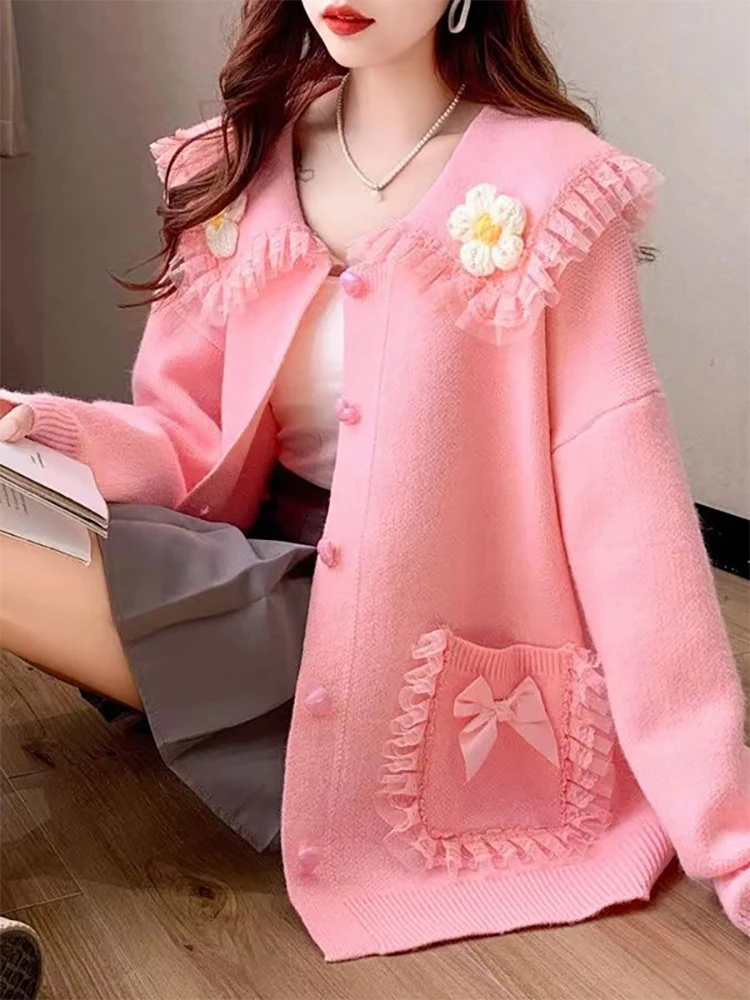 Sweet Peter Pan Collar Pockets Bow Lace Cardigan Sweaters Female Clothing 2024 Autumn Winter New Loose Knitted Young Style Tops Sweet Peter Pan Collar Pockets Bow Lace Cardigan Sweaters Female Clothing 2024 Autumn Winter New Loose Knitted Young Style Tops