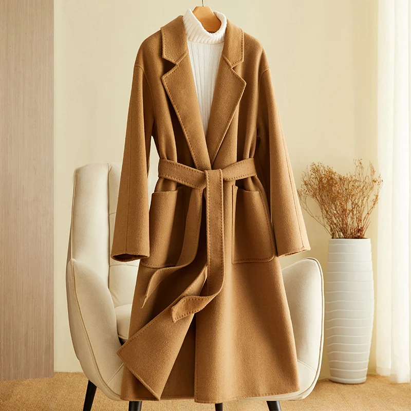 

High end double-sided zero cashmere coat women's mid length 2023 autumn/winter new Hepburn style small stature woolen coat