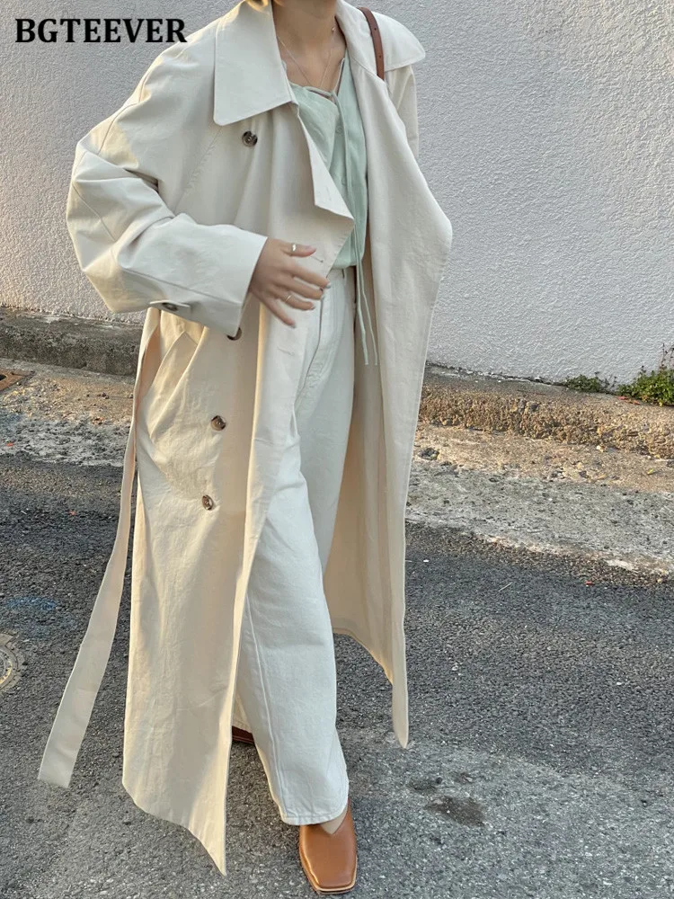 

BGTEEVER Elegant Lapel Solid Women Trench Coats Long Sleeve Double Breasted Belted Loose Female Windbreaker Ladies Overcoats