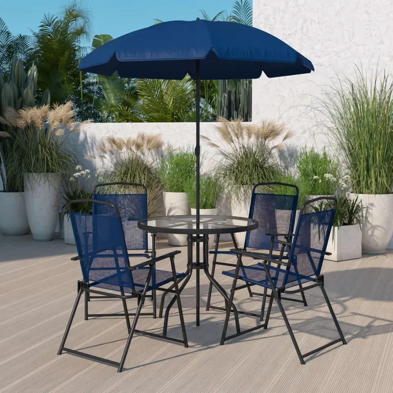Nantucket 6 Piece Navy Patio Garden Set with Umbrella Table and Set of 4 Folding Chairs
Nantucket 6 Piece Navy Patio Garden Set with Umbrella Table and Set of 4 Folding Chairs