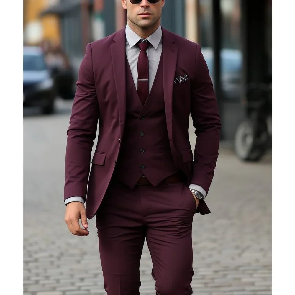 

Chic Burgundy Men Suits Three Piece Set Fashion Notch Lapel Single Breasted Business Casual Outfits Groom Wedding Tuxedo Slim