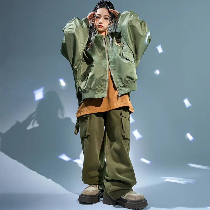 

Children Hip Hop Costume Loose Army Green Jacket Pants Boys Cool Sport Jogger Clothing Girls Kpop Jazz Dance Outfits Rave L12247