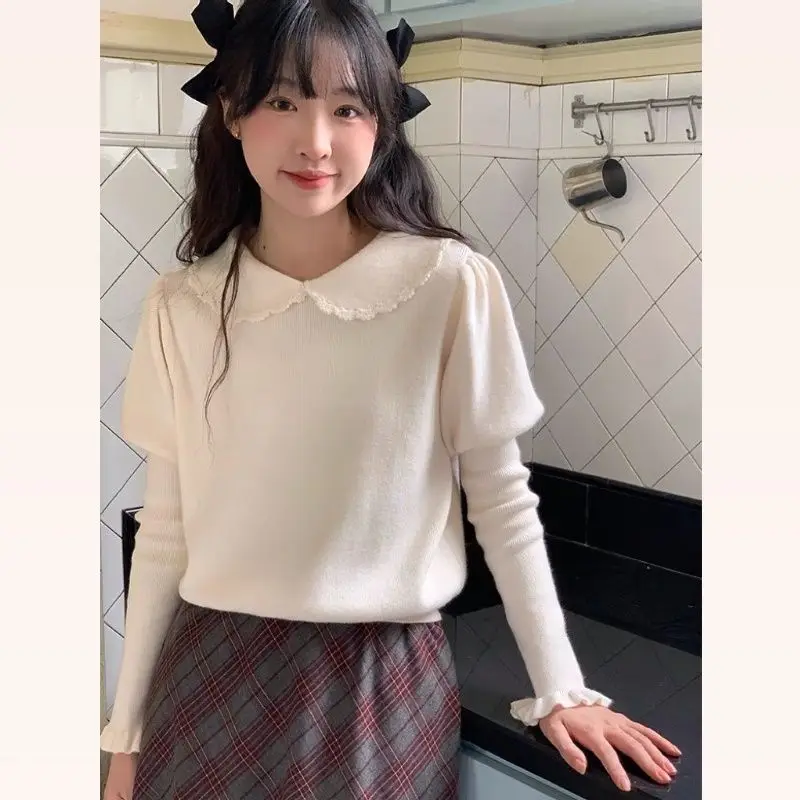 Autumn Winter Sweet Lolita Knitted Pullovers Women Vintage Lace Peter Pan Collar Gigot Sleeve Sweater Girls Cute Knitwear Tops
Autumn Winter Sweet Lolita Knitted Pullovers Women Vintage Lace Peter Pan Collar Gigot Sleeve Sweater Girls Cute Knitwear Tops