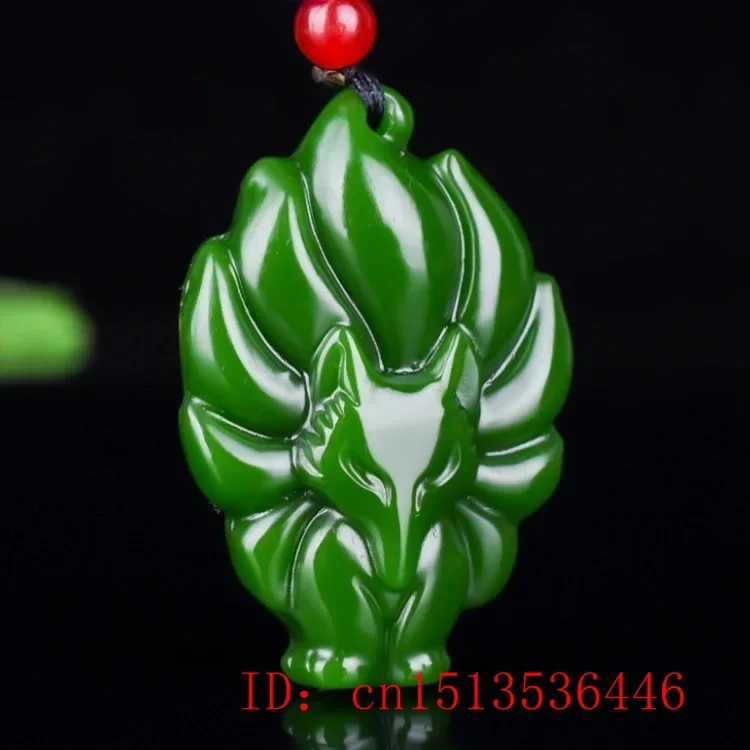 

Natural Green Jade Lock Nine Tailed Fox Pendant Necklace Charm Jewellery Fashion Hand-Carved Man Luck Amulet Sweater Chain