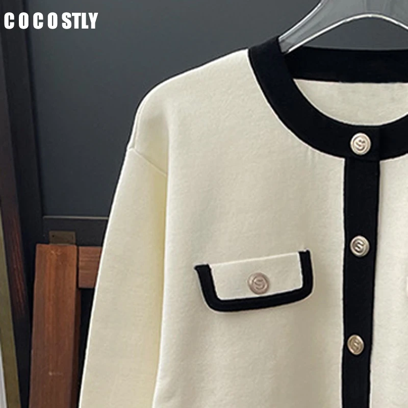 

Cocostly 2024 Spring Women Simple Contrast O Neck Single Breasted Pocket Knit Cardigan Coats Female Casual Loose Sweater Jacket