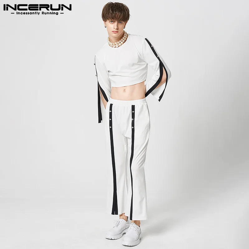 

Casual Fashion Style Sets INCERUN Mens Split Stitching Black&White Contrasting Long Sleeved Tops Pants Male Two-piece Sets S-5XL