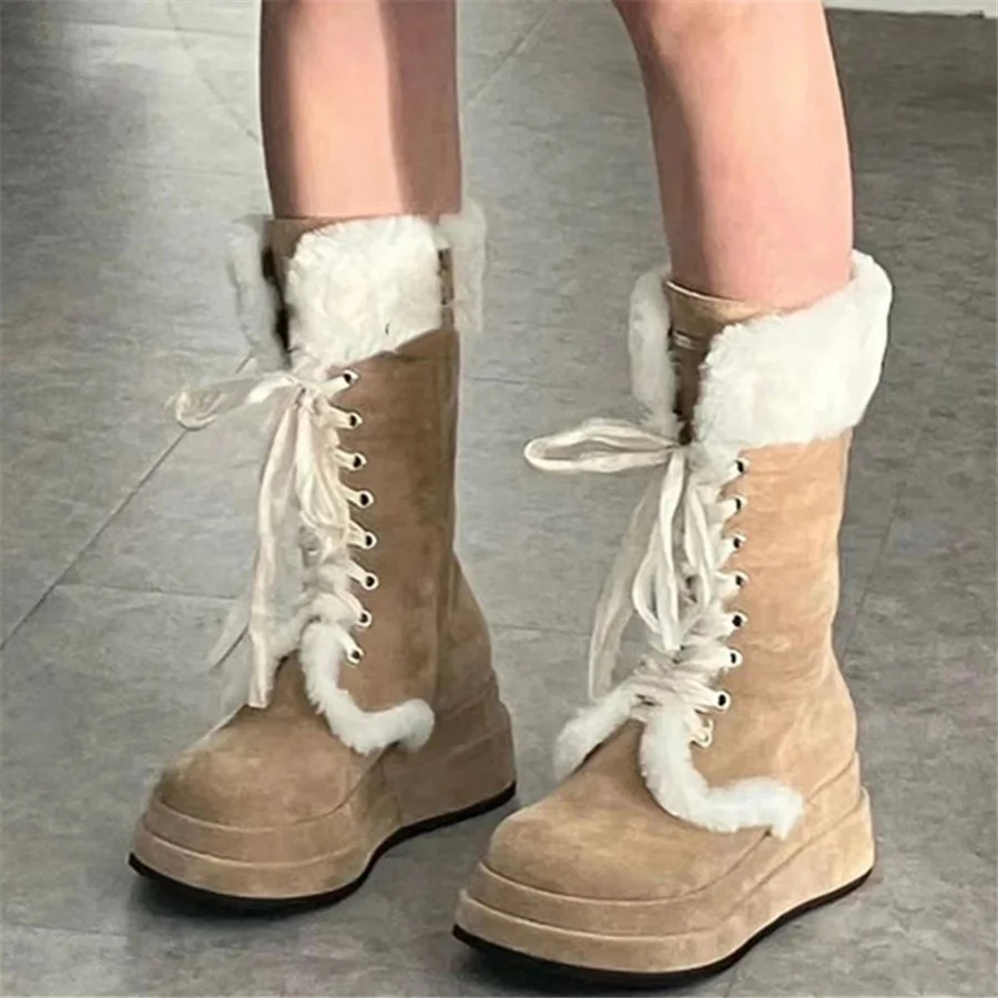 

Женские зимние ботинки на толстой подошве, готические теплые ботинки на платформе с мехом, дизайнерские плюшевые ботинки на шнуровке, обувь на толстой подошве, 2024
