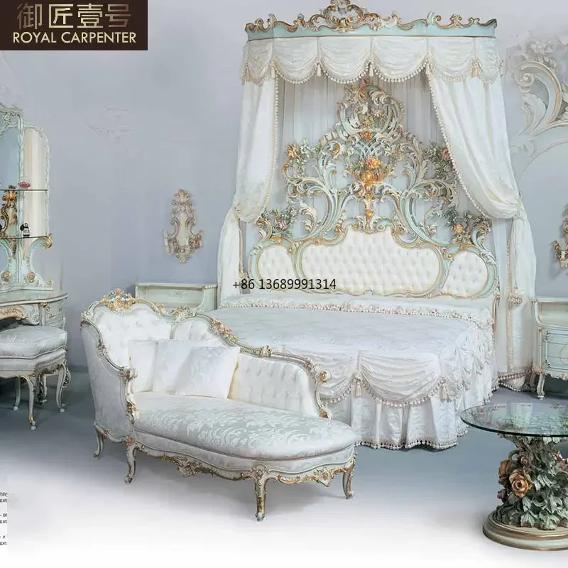 

Luxury European Princess Cloth Bed Villa Palace Bed French Solid Wood Carved Wedding Bed Master bedroom 1.8m double bed.